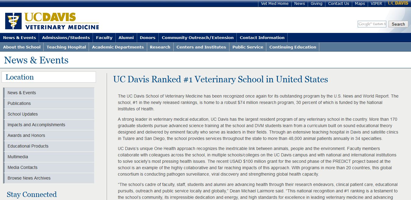 UC Davis Ranked #1 Veterinary School in United States
